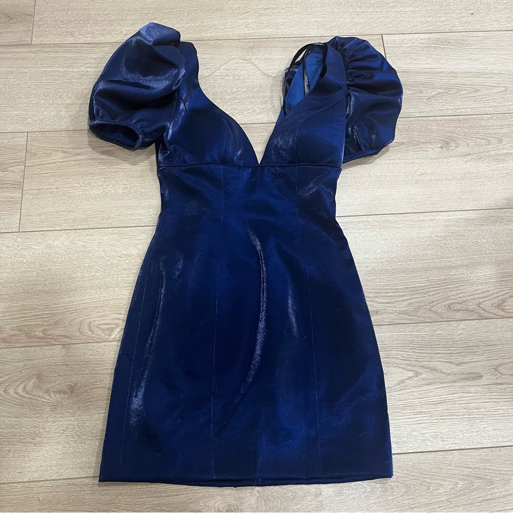 Sherri Hill Blue V-Neck Puff Sleeve Metallic Bodycon Mini Dress Size 00